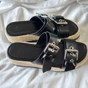 ZARA Women’s Espadrilles Black Leather Sandals with Silver Buckles Size 8